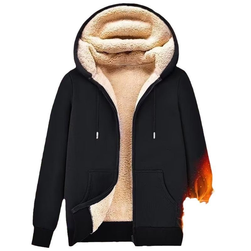 Zipper Sweatshirt Men'S 2025 Style Thickeneded And Velvet Loose Korean Style Pure Color Lamb Wool Hooded Jacket Top - Image 5